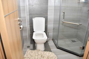 Shower, towels, soap, toilet paper