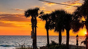 Vista del atardecer con palmeras y un cartel que indica 'Beach Access' y 'Midnight Pass Rd.'