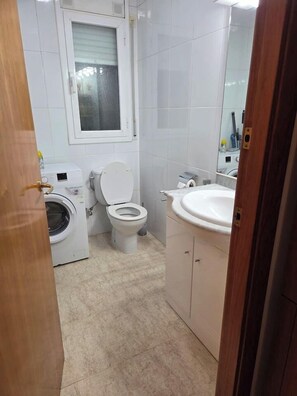 Séchoir à cheveux, bidet, serviettes fournies, papier de toilette