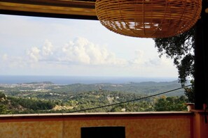 A balcony with a view of a coastal landscape, a wicker hanging chair, and a power line.