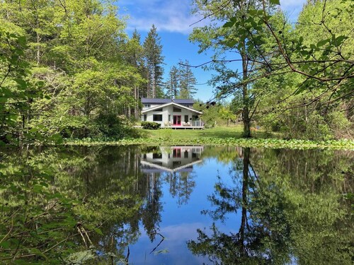 Dragonfly Pond house is a rustic, spacious, light-filled vacation rental home on Orcas Island with high ceilings overlooking a tranquil pond. Clean & comfy. Located in 7 acres of forest, it's peaceful and secluded. Close to town and the ferry.