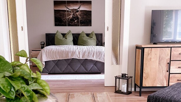 Een moderne slaapkamer met een bed, een televisie en een kast.