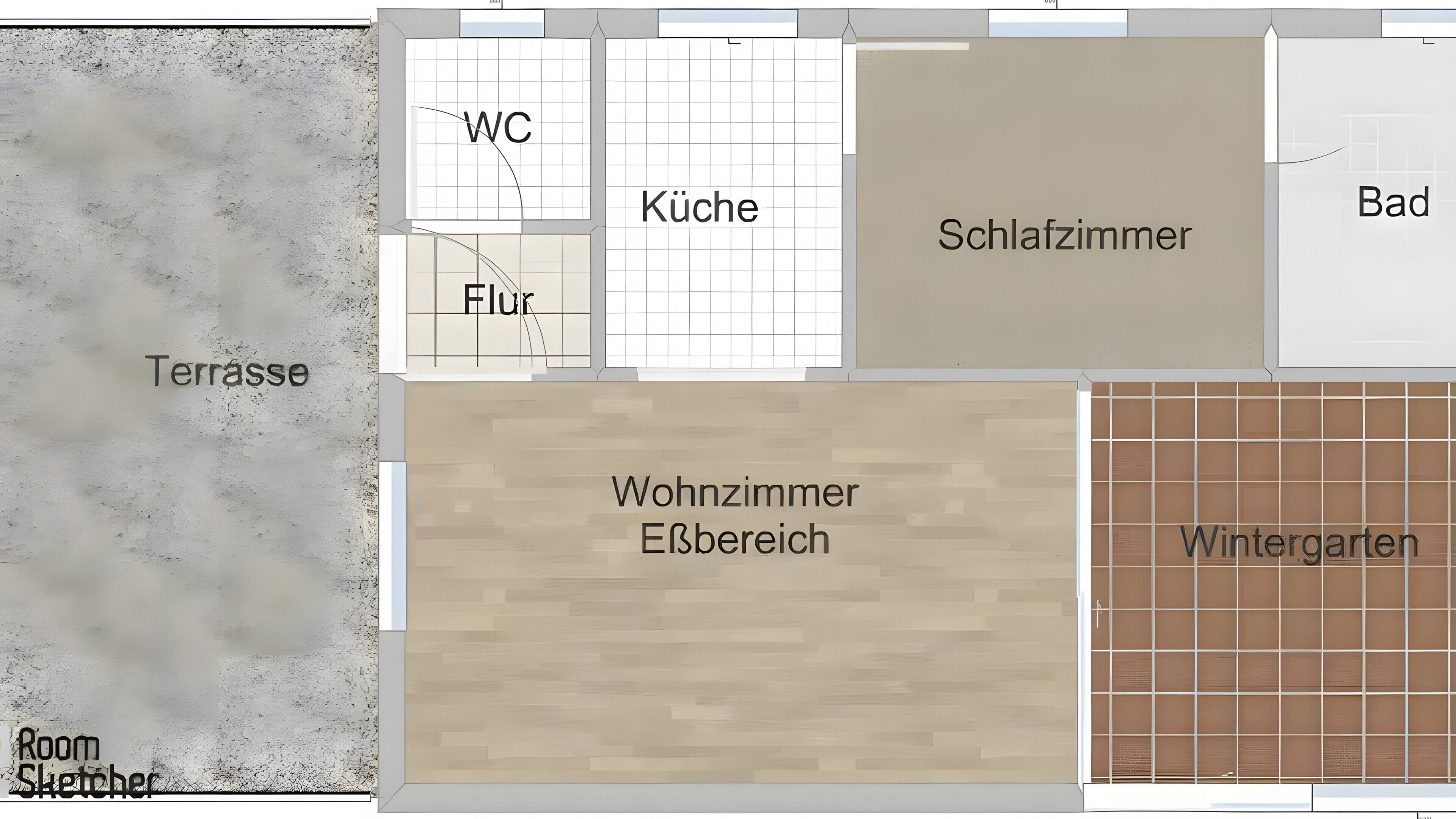Grundriss mit Terrasse, WC, Küche, Bad, Schlafzimmer, Wohnzimmer und Wintergarten.