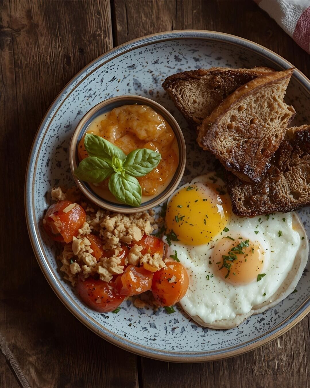 A plate with scrambled eggs, toast, and a small bowl of tomato sauce.