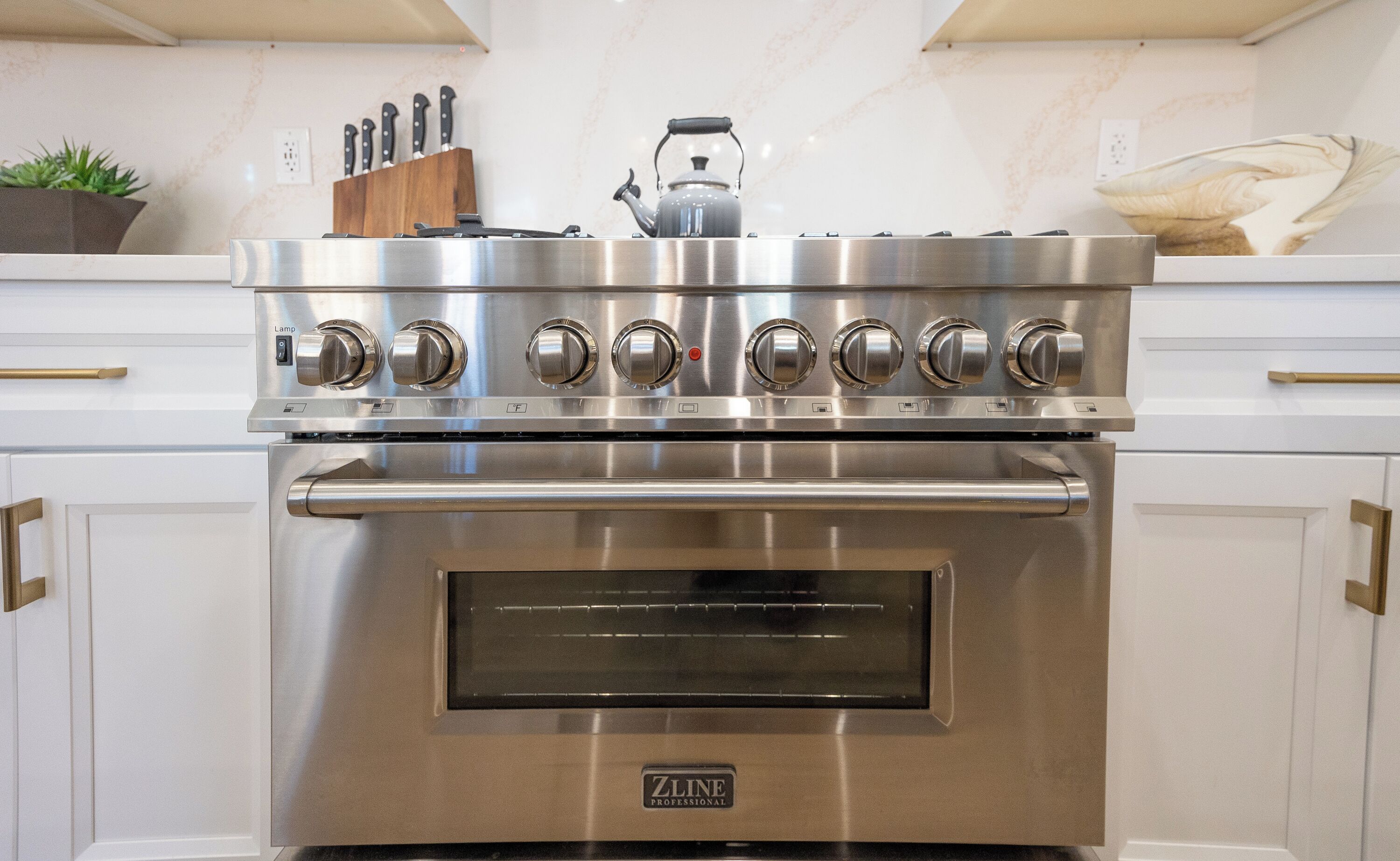 A stainless steel ZLINE Professional range hood with a built-in oven above it.