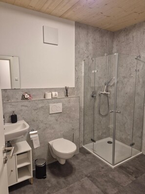 Dusch, hårtork, handdukar och toalettpapper