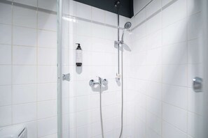 Douche, sèche-cheveux, serviettes fournies, savon
