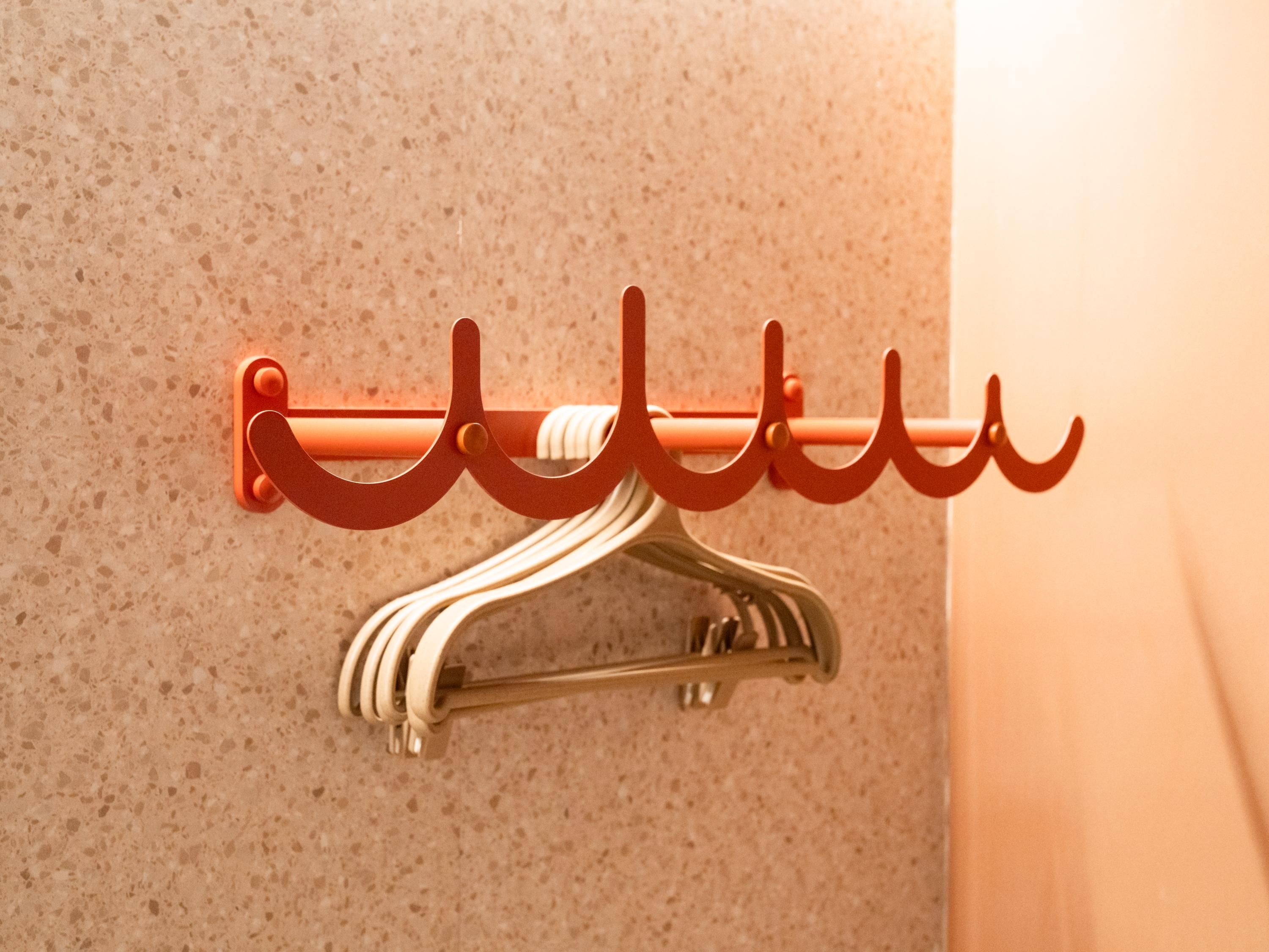 A wall-mounted coat rack with a metal hanger and a red hook.