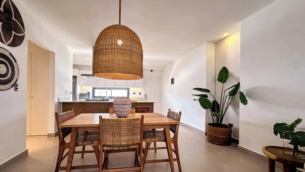 A dining area with a wooden table and chairs, a woven pendant light, and a large potted plant.