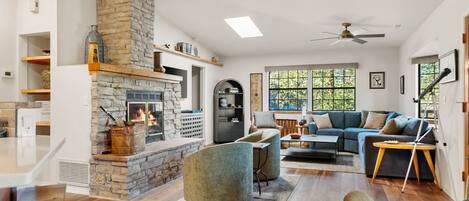 TV, fireplace, books