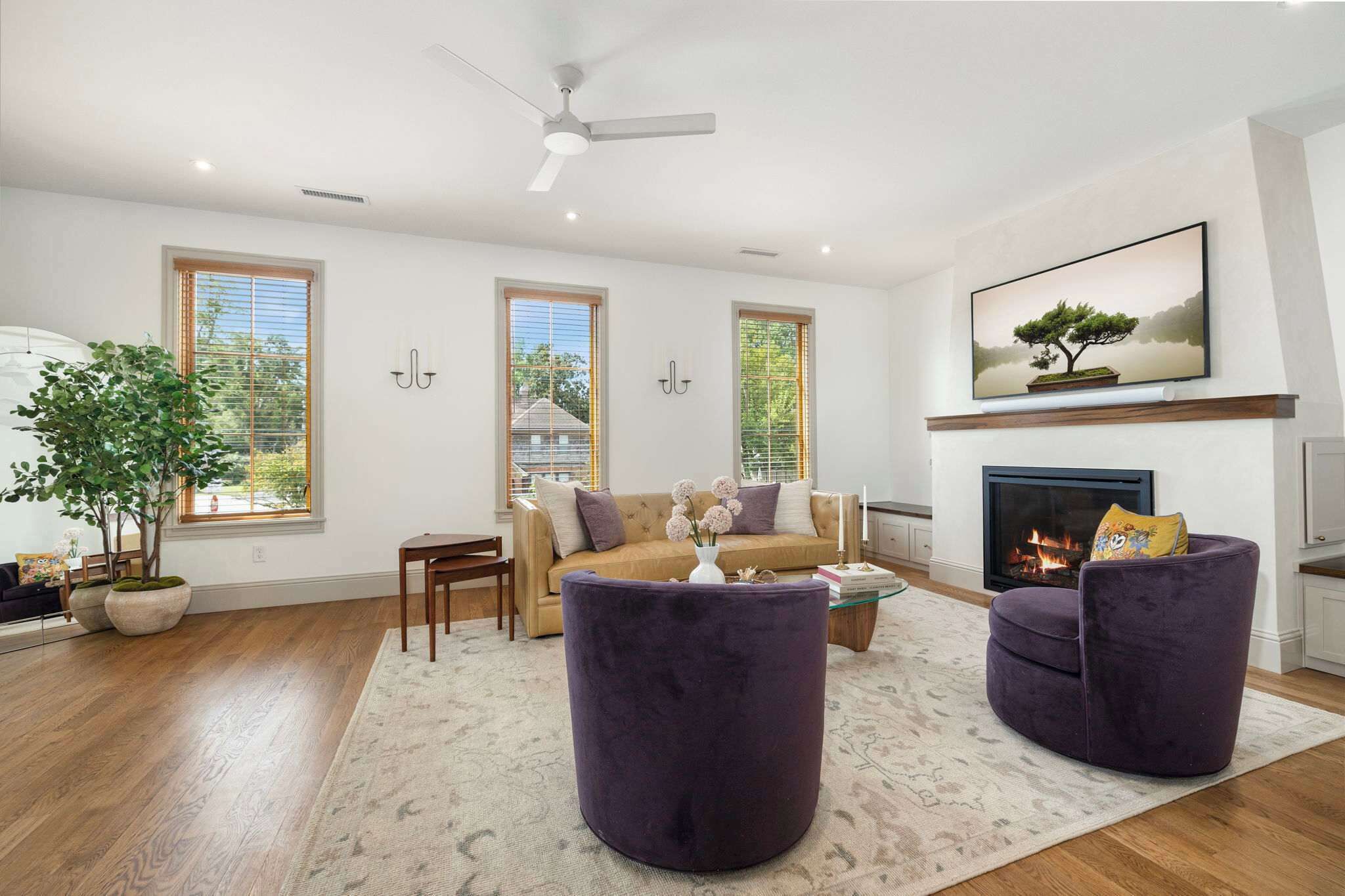 Televisie, een open haard en een kantoor