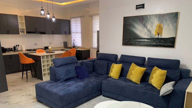 A modern living room with a blue sectional sofa, a white marble coffee table, and a painting of a tree on the wall. - Welead Homes  (Abuja)