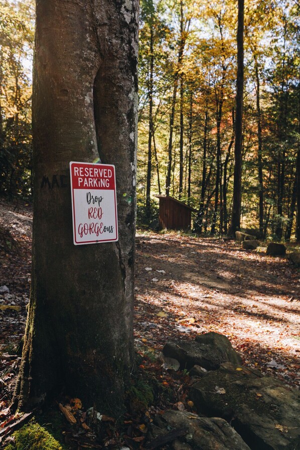 Une pancarte sur un arbre indiquant qu’une place de stationnement est réservée à un groupe spécifique.