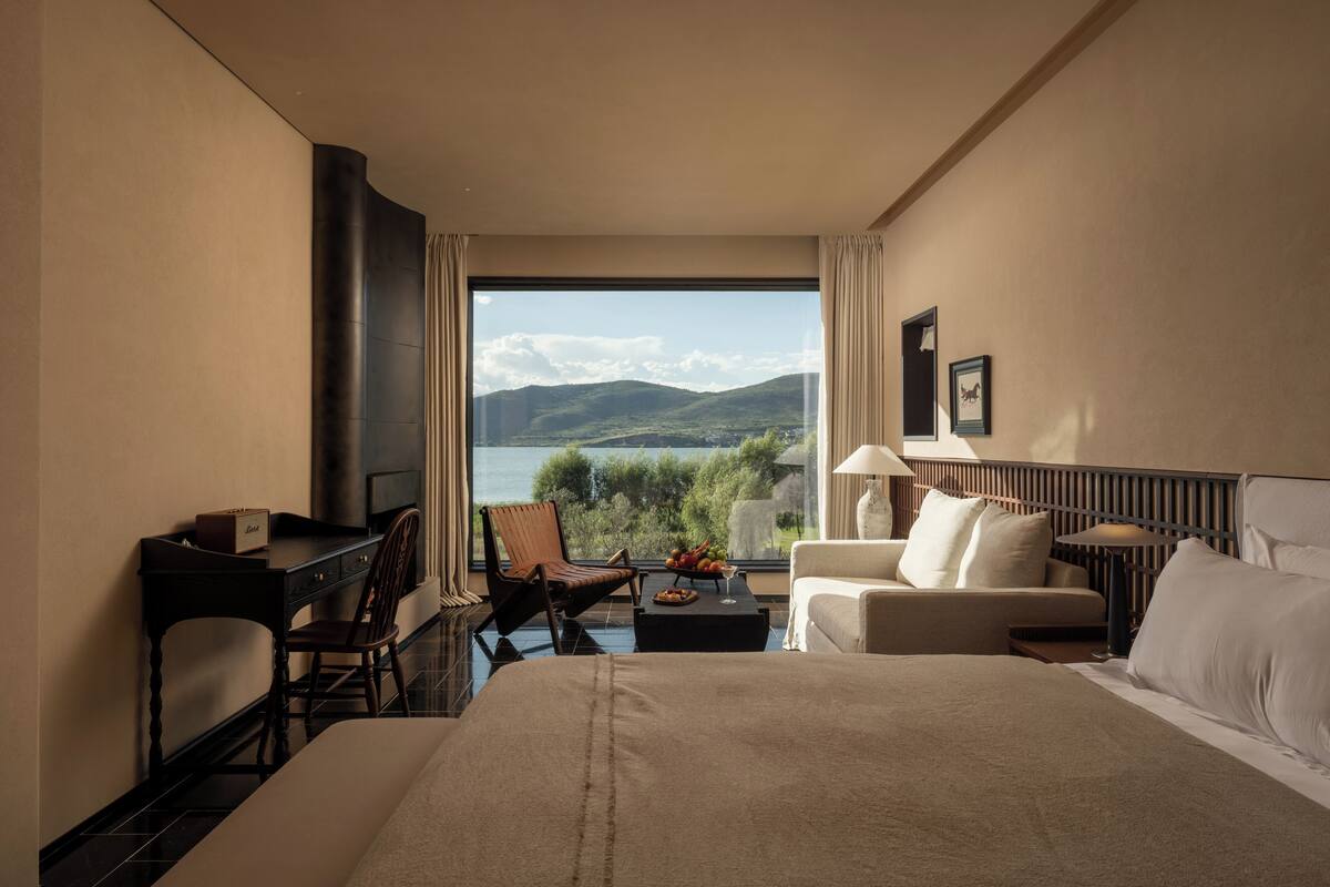 Habitación de hotel con una cama grande, un escritorio, una silla, una mesita con fruta y vistas a las montañas y al agua.