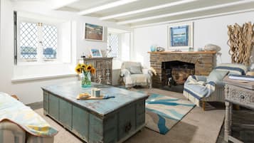 Smart-tv, een open haard, boeken en een muziekbibliotheek