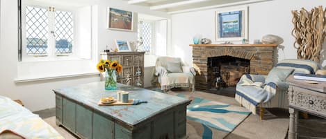 Smart TV, fireplace, books, music library