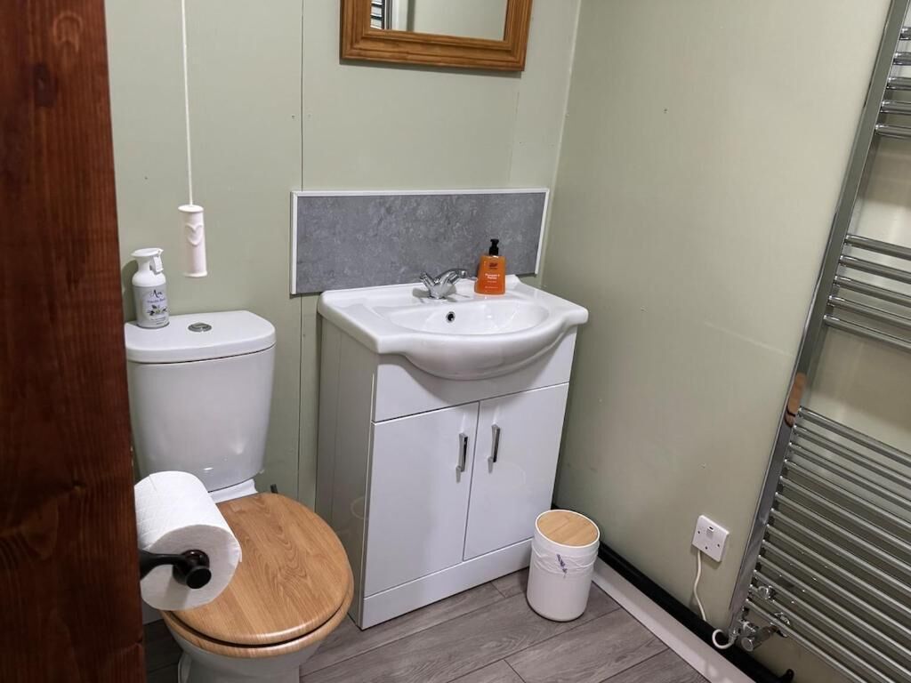 A small bathroom with a toilet, sink, and a wooden cabinet.