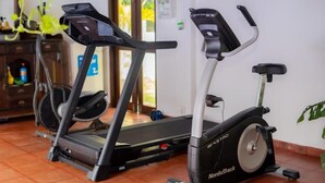 A home gym with a treadmill and an elliptical machine. - Ashlar Villa (Galle)