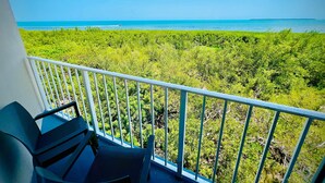A balcony with a view of a lush green landscape and the ocean.