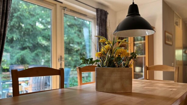 A wooden dining table with a potted plant and a pendant light.