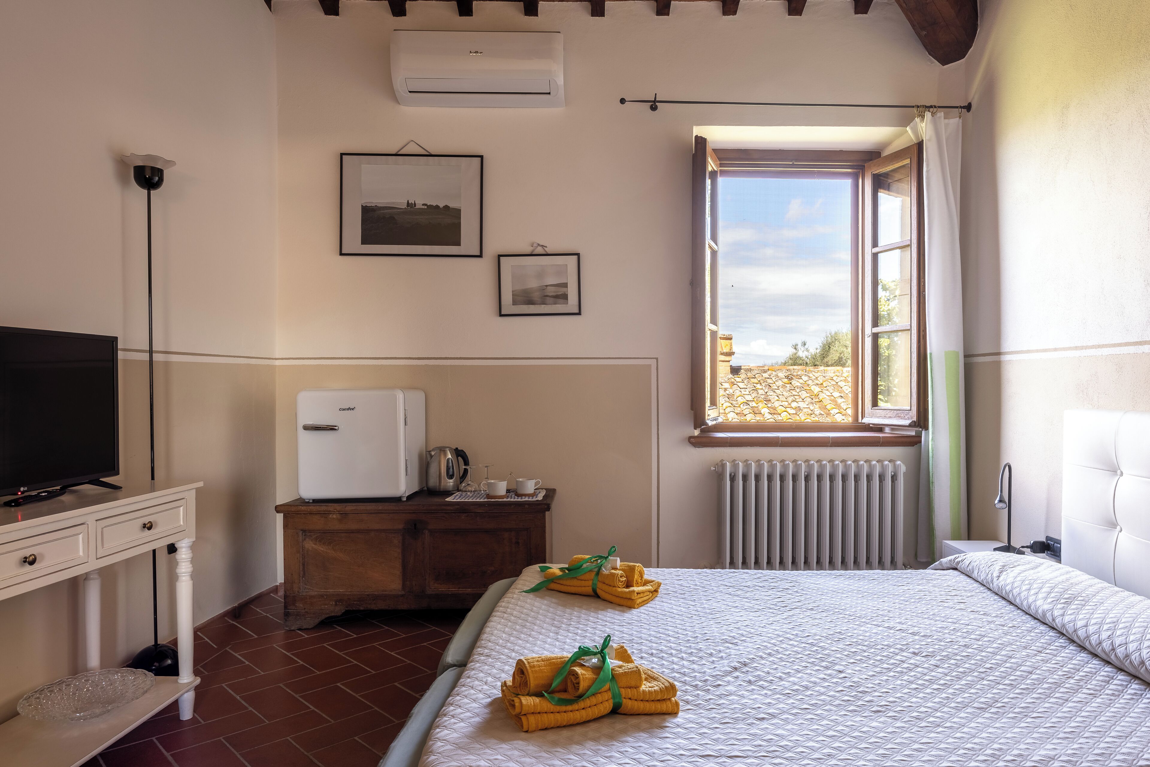 Une chambre d’hôtel équipée d’un lit, d’une télévision, d’un minibar, d’une fenêtre donnant sur un paysage agréable et d’un radiateur.