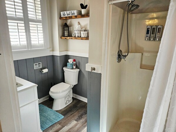 Hair dryer, towels, soap, toilet paper