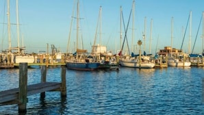 A marina with multiple sailboats docked at wooden piers. - Break Point Cottage | Canal-Front Stay w/ Pool Table Fun (Rockport)