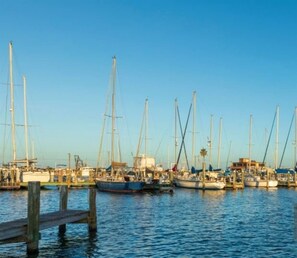 A marina with multiple sailboats docked at wooden piers. - Break Point Cottage | Canal-Front Stay w/ Pool Table Fun (Rockport)
