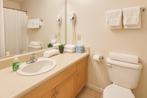 Hair dryer, towels, soap, toilet paper
