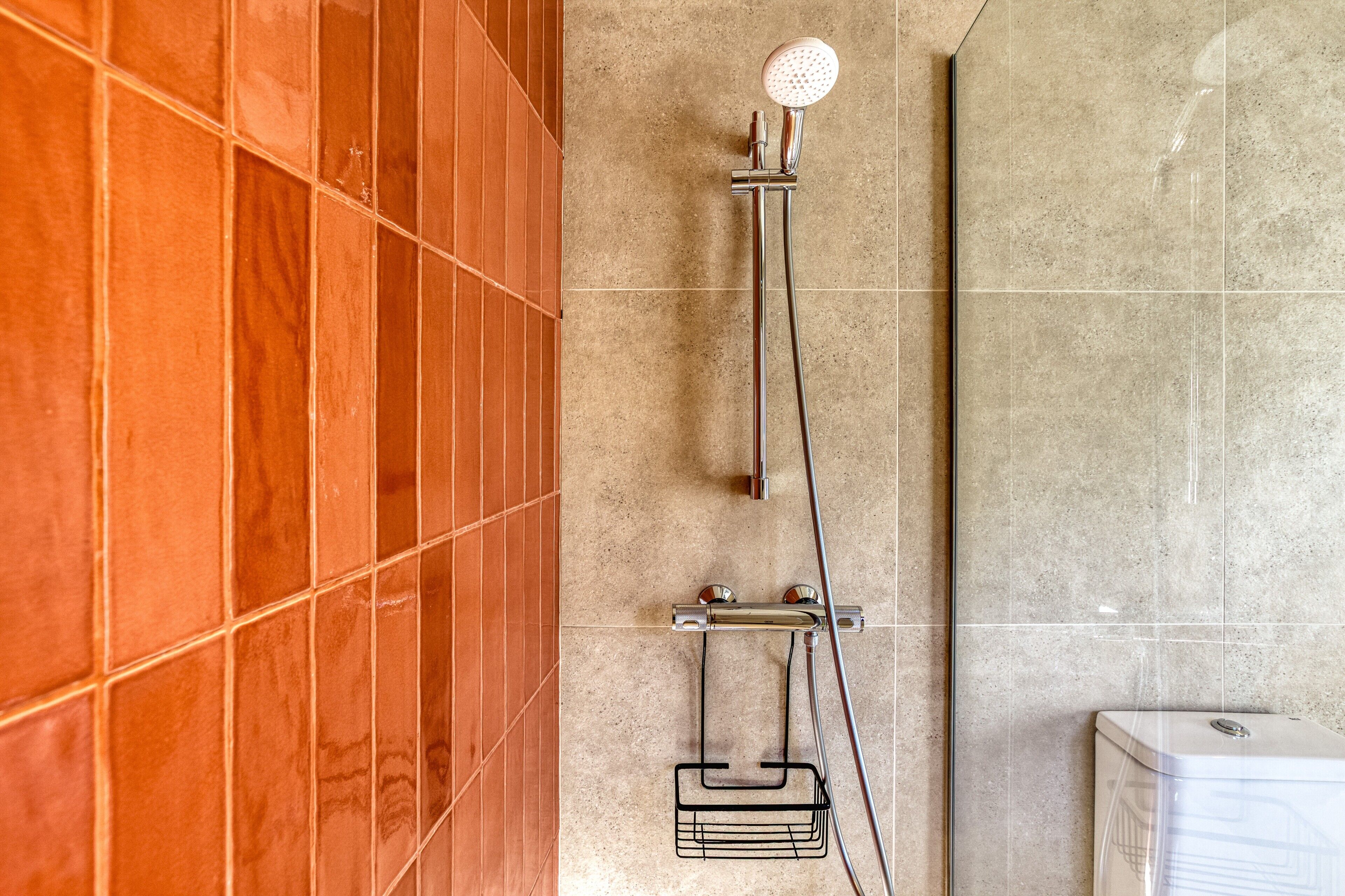 A shower with a handheld showerhead, a wall-mounted faucet, and a towel rack.