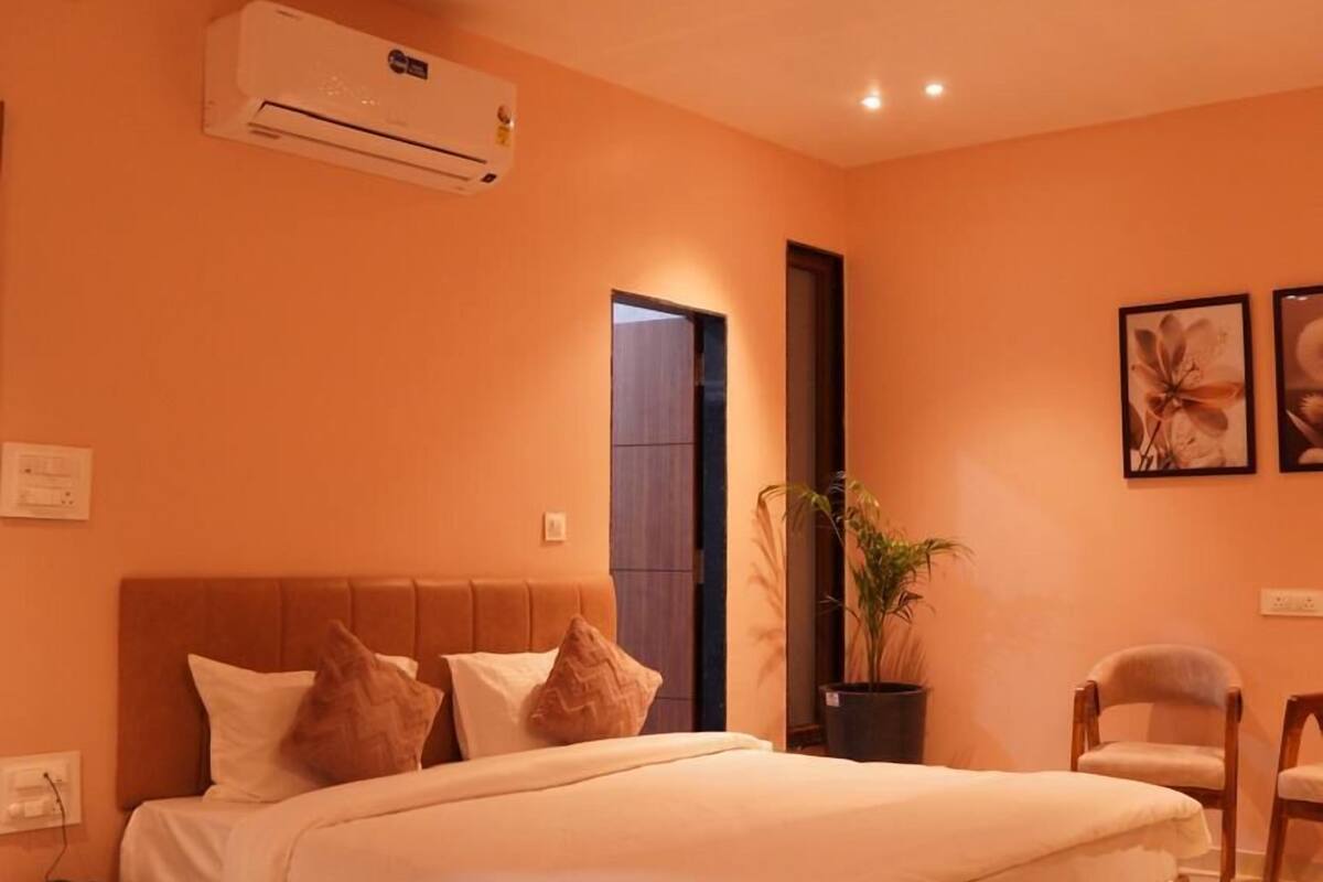 Un dormitorio con una cama grande, un equipo de aire acondicionado, una planta en maceta y una puerta.