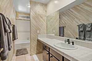Shower, hair dryer, shampoo