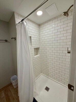 Shower, hair dryer, towels, shampoo