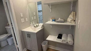 A modern bathroom with a sink, mirror, and shelves for toiletries. - Modern Studio Steps from Aksarben Dining & I-80 (Omaha)