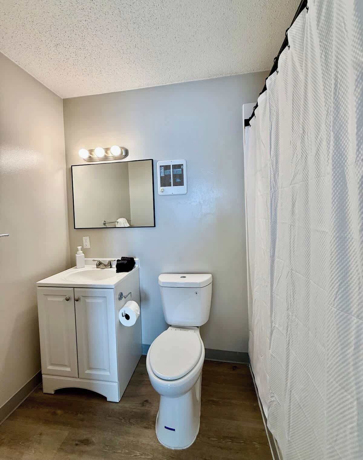 Shower, hair dryer, shampoo