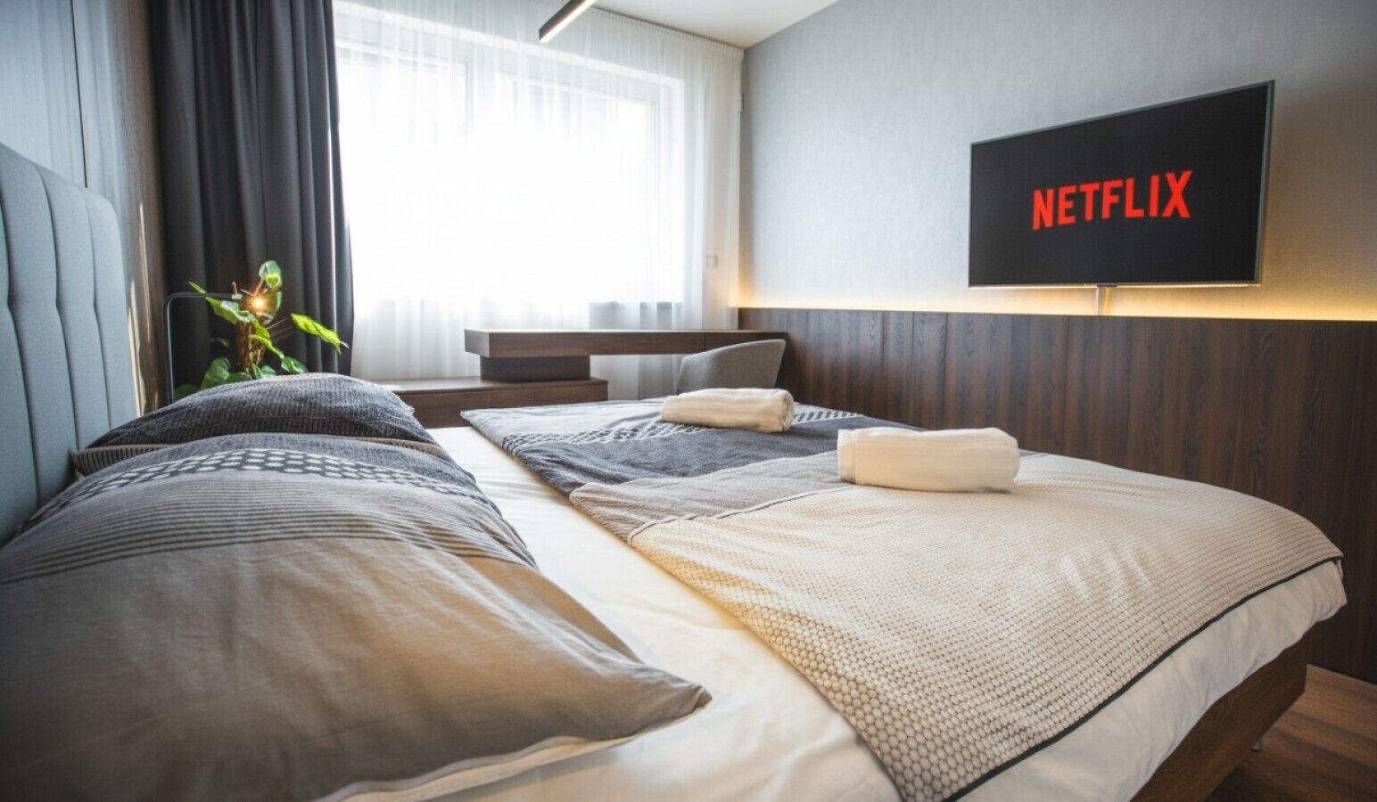 Habitación de hotel con cama, mesita de noche, televisor montado en la pared y ventana con cortinas.
