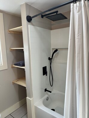 Hair dryer, towels, soap, shampoo