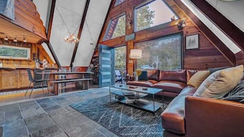 TV, fireplace, books, offices