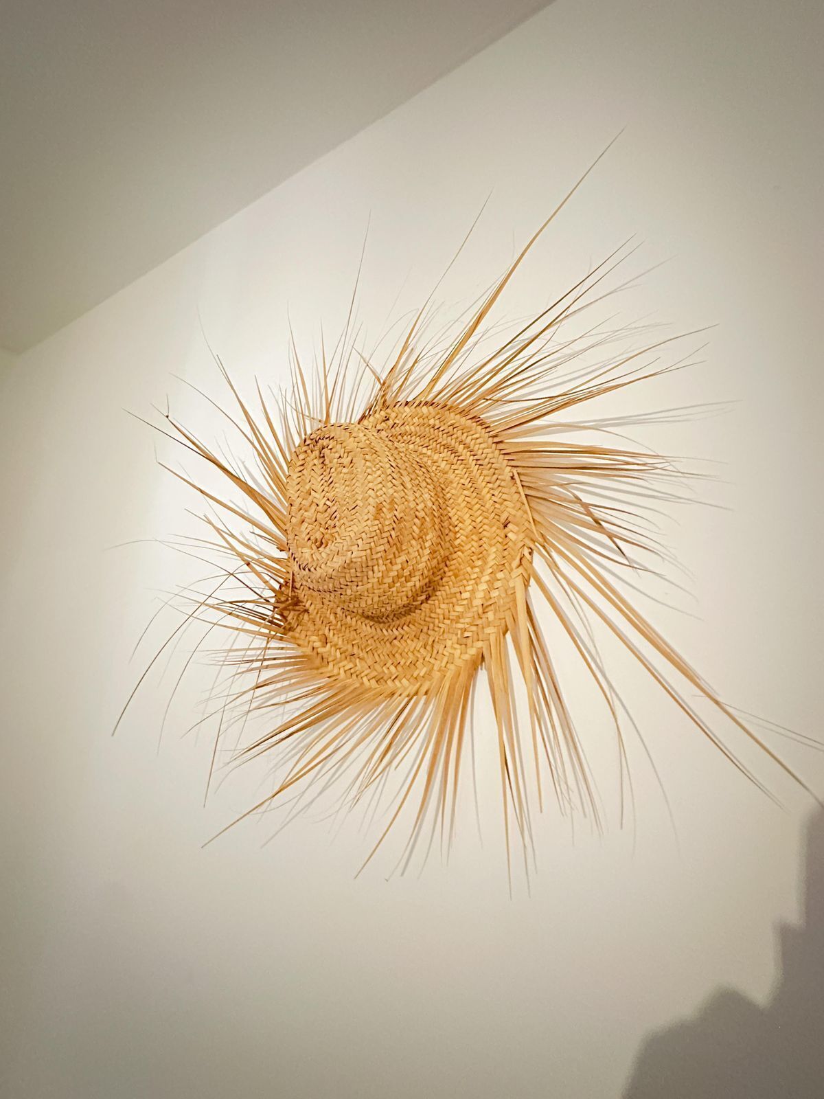 A woven, circular object with radiating elements, possibly a decorative piece or artwork, against a plain background.
