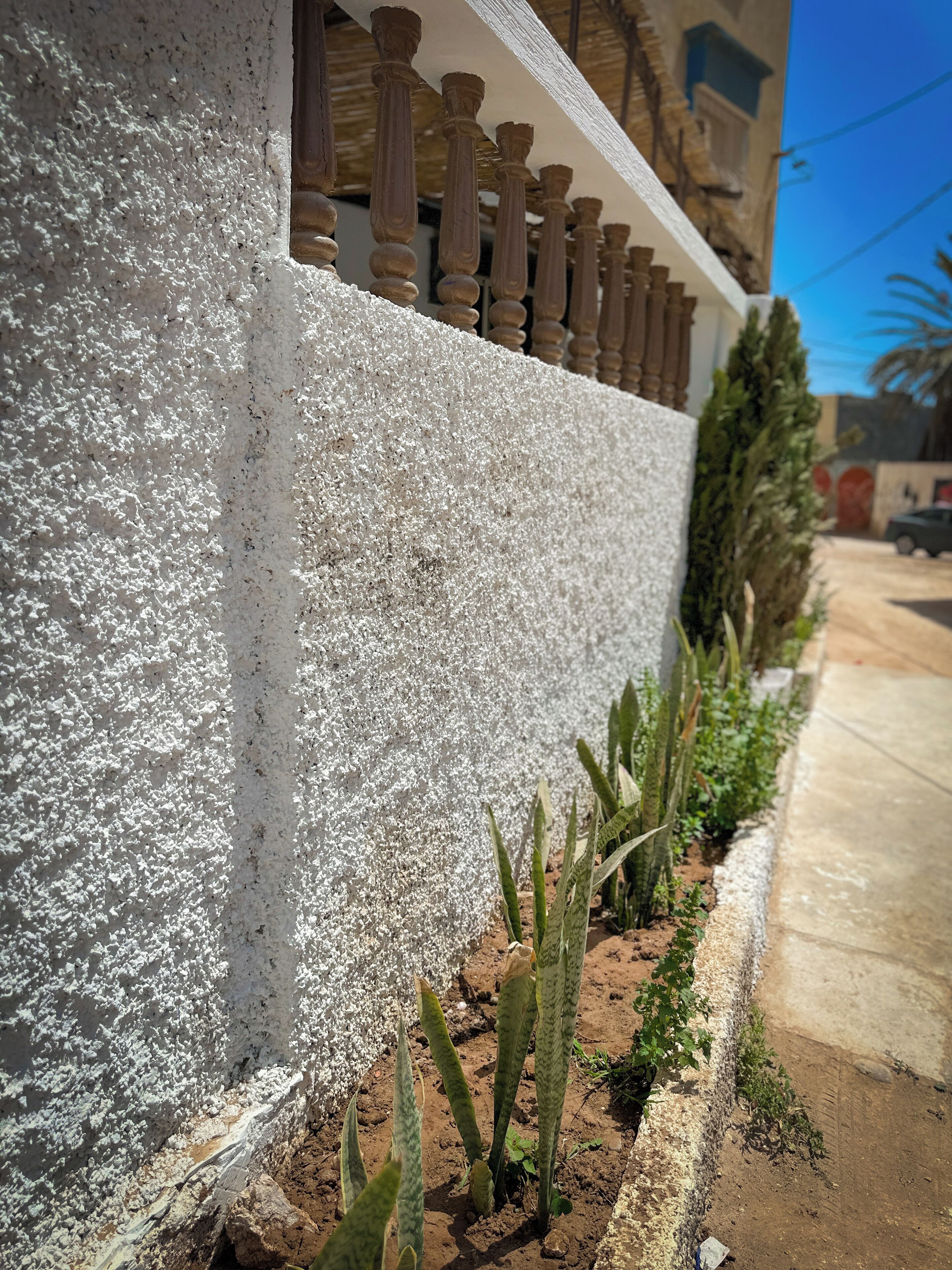 Pared blanca con textura, barandilla de madera, jardín de cactus y cielo azul despejado.