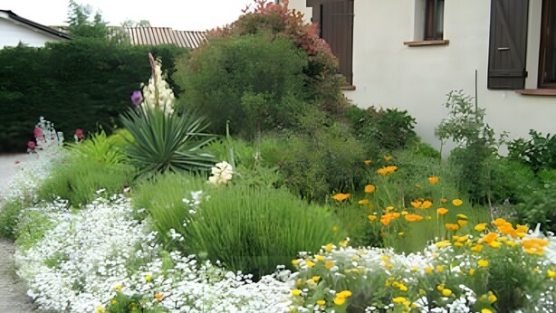 A garden with various plants and flowers, a building with windows and shutters, and a clear sky. - Studio Apartment 'Le Laurier' with Private Terrace, Shared Garden and Wi-Fi (Lherm)