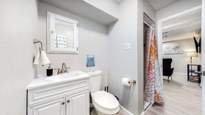 Shower, hair dryer, towels