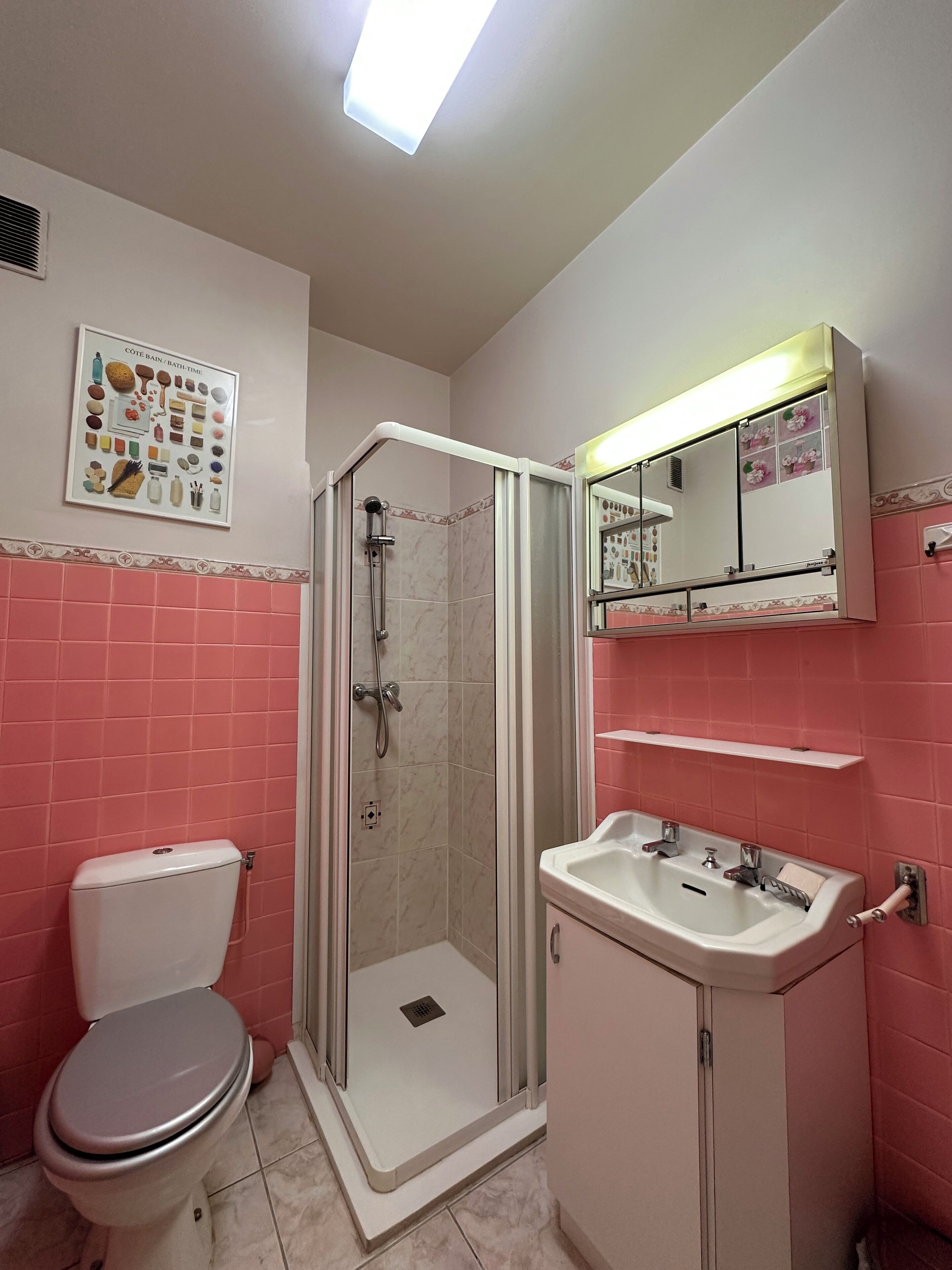 A bathroom with a toilet, a shower enclosure, a sink, and a mirror.
