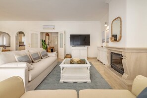 Smart TV, chimenea, libros