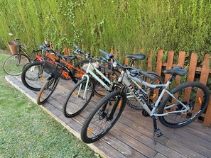 A row of bicycles parked on a wooden deck.