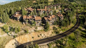 A residential area with multiple houses on a hillside, surrounded by dense forest.