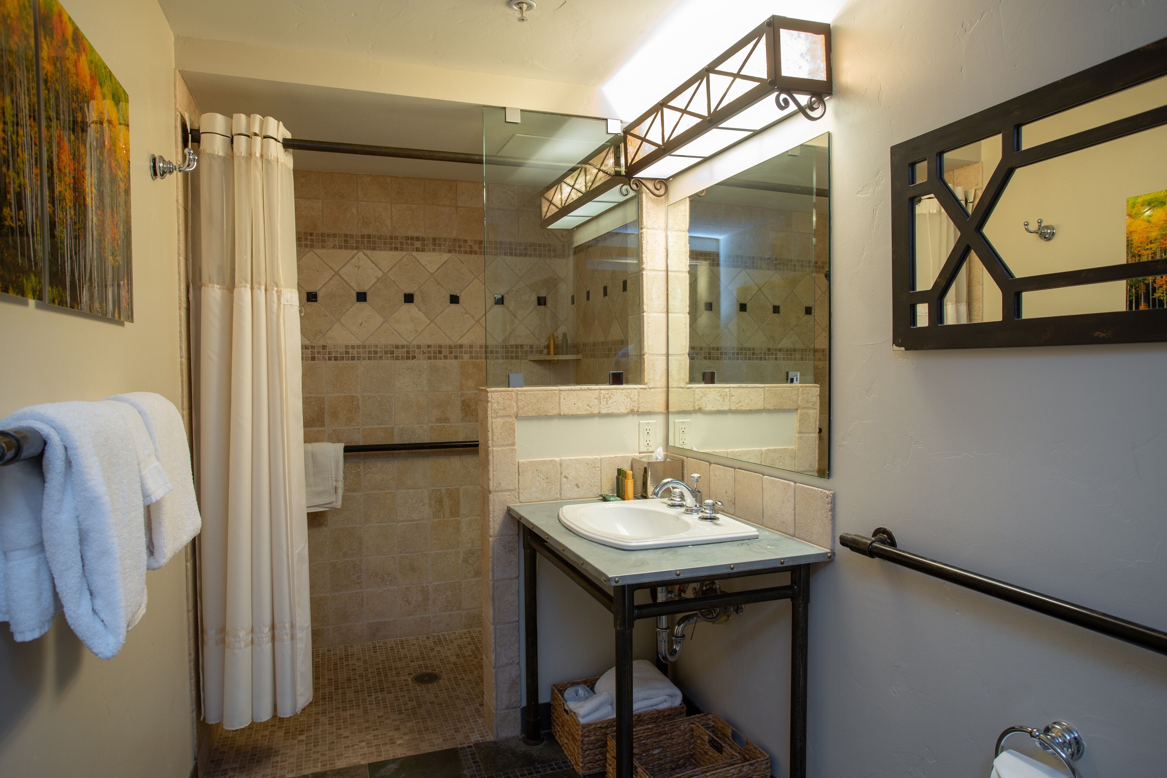 Une salle de bain avec une douche, un lavabo et un miroir.
