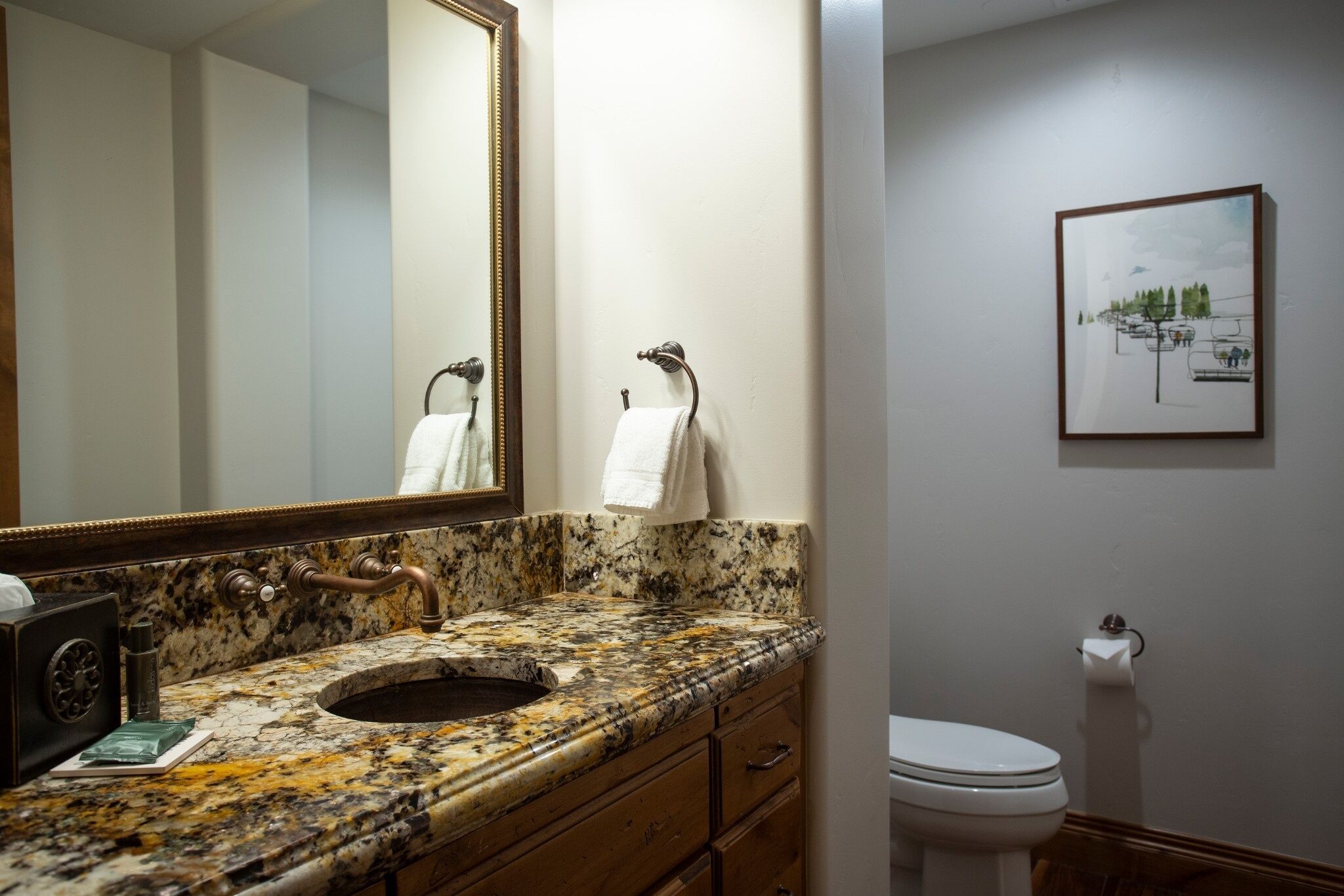 A bathroom with a granite countertop sink, a large mirror, a framed picture on the wall, and a toilet.