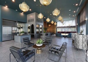 A modern hotel lobby with a central seating area, a bar, and a pool table. - Urban Chic Home 10 Min From Disneyland With Pool GYM (Santa Ana)