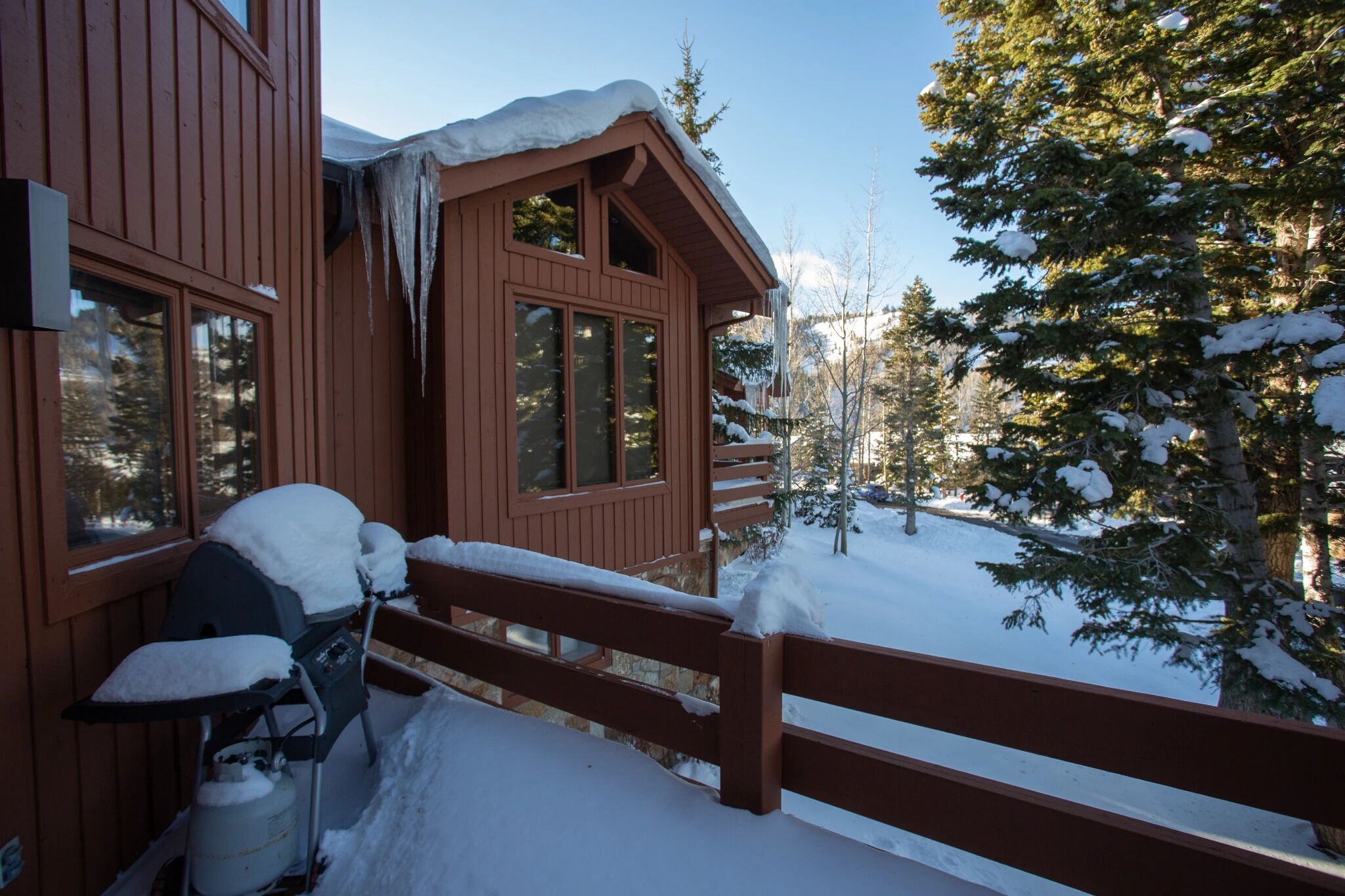 A wooden cabin with a covered porch, snow-covered windows, and a view of snow-laden trees.